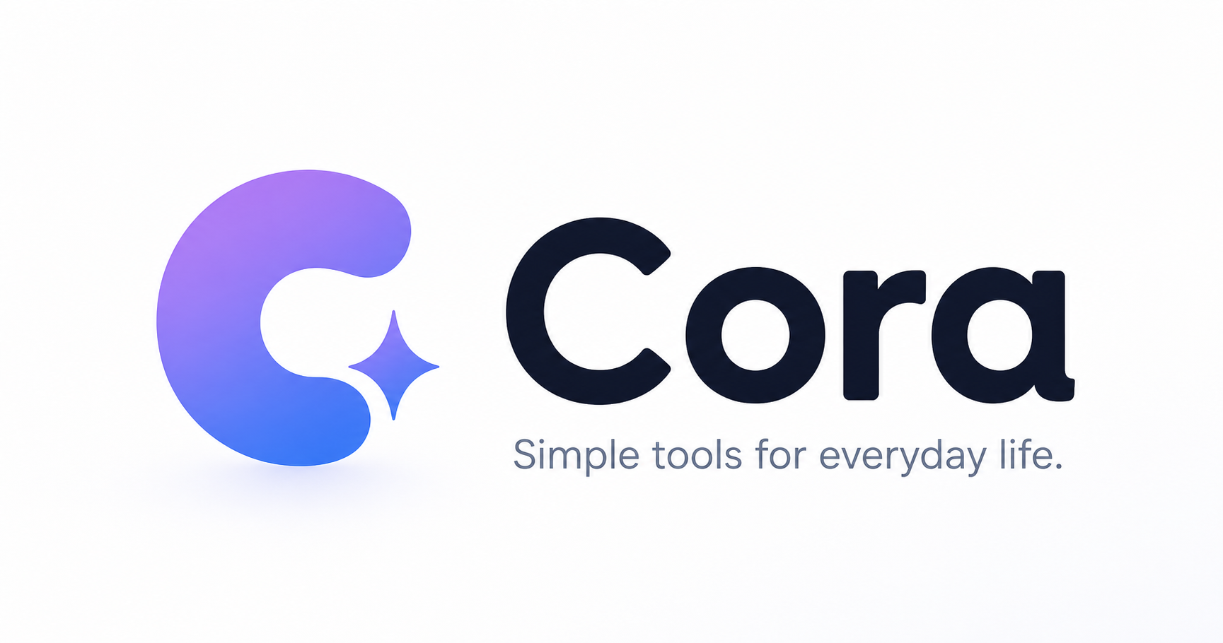 보라색 C 모양 아이콘과 Cora 로고, Simple tools for everyday life 문구