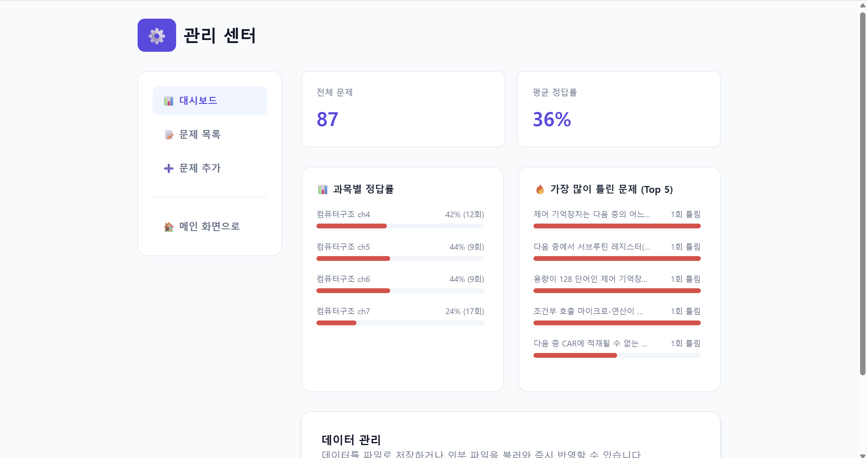전체 문제 수와 평균 정답률, 과목별 정답률을 보여주는 Smart Quiz 관리 센터